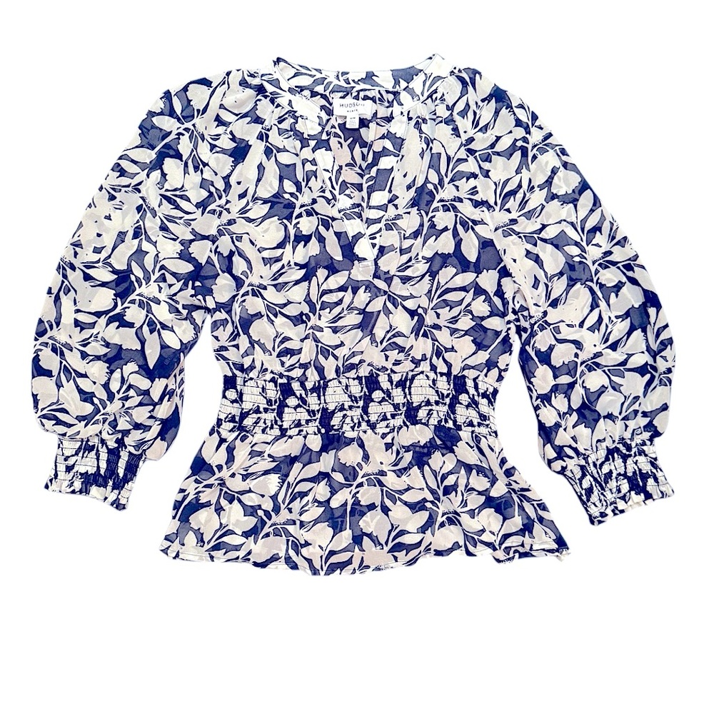 Hudson North Blue & White Cinched Waist Blouse SZ M Chic Boho
